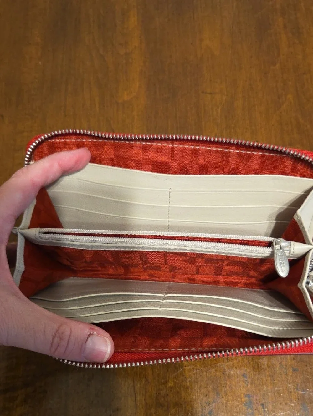 Furla Red Zip-Around Wristlet Wallet with Ivory Strap